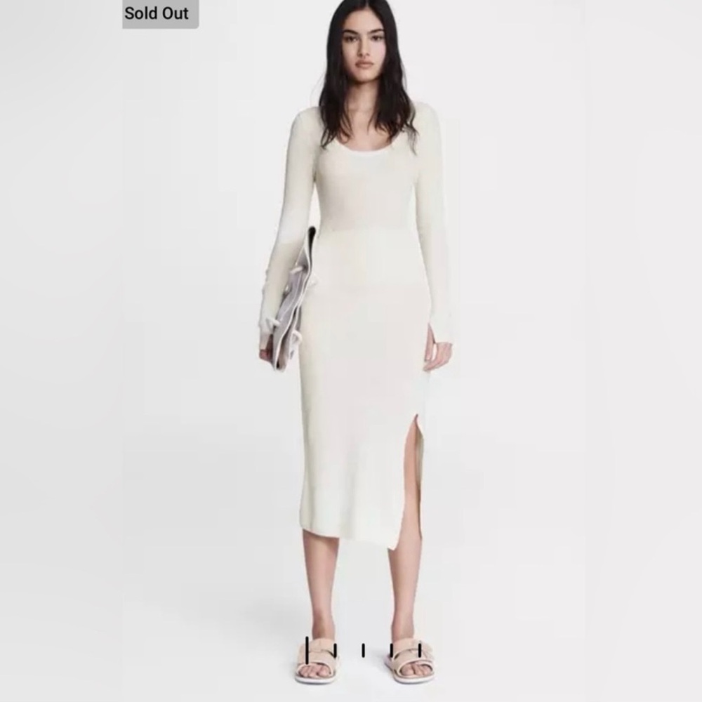 Cream Long-Sleeve Rib Knit Midi Dress